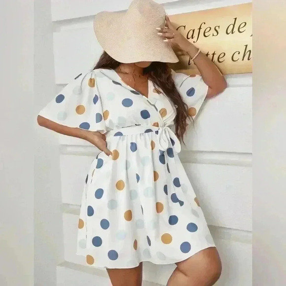 Plus Polka Dot Print Butterfly Sleeve V Neckline Mini Summer Dress Size  L - Picture 1 of 8